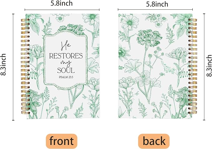 Christian Notebook for Women, Christian Gifts Journal, Prayer Journal for Women, Bible Journaling Notebook, PSALM 23:3 He Restores My Soul Floral Spiral Notebook 5.5x8.3