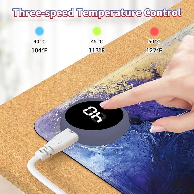 Heated Desk Pad Large Mouse Pad 23.6 x 14.1 inch with 3 Levels Heating & Auto Shut-Off Warm Mouse pad PU Leather Computer Mousepad for Home Office Work - Purple Marble