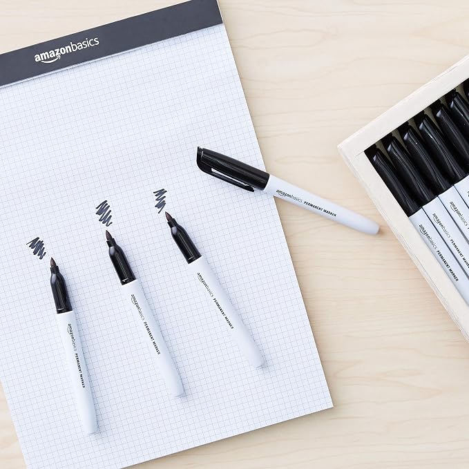Amazon Basics Fine Tip Permanent Markers for Writing, Drawing, Quick Drying, Office, School, and Home Use, Black, 48 Pack