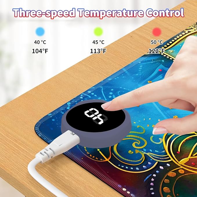 Heated Desk Pad Large Mouse Pad 31.5 x 13 inch with 3 Levels Heating & Auto Shut-Off Warm Mouse pad PU Leather Computer Mousepad for Home Office Work - Colorful Lotus Flowers