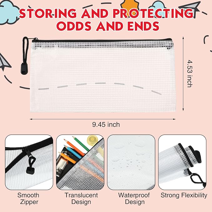 Handepo 100 Pack Mesh Zipper Pouch Pencil Pouches Bulk Clear File Bag Waterproof Document Pouch Multipurpose for Office Travel Puzzles Games Organizing (White Pouch Black Zipper, A6/9.45x4.53in)