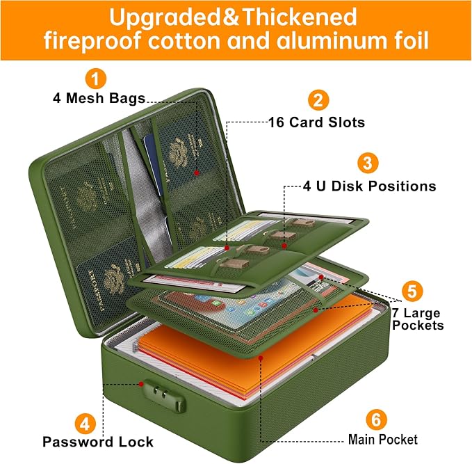 DocSafe 5200°F Fireproof Document Organizer Box with Lock, Green (Soft) | Heat Insulated 8 Layers File Protection Bag,Water-Resistant Zipper,Portable Home Office Travel Safe Storage for Files,Laptop