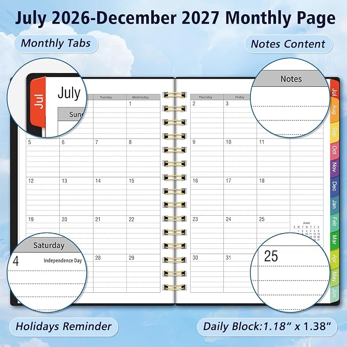 Daily Planner 2026-2027, 18 Month Planner with Tabs, July 2026 - December 2027 Weekly and Monthly Agenda Year Calendar Spiral Time Management, 100GSM Thick Paper, Twin-Wire Binding, A5 Size, Black