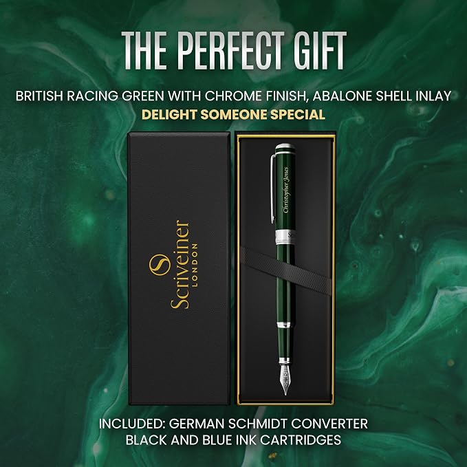 Scriveiner Personalized British Racing Green Fountain Pen - Stunning Green Lacquer Luxury Pen w/Chrome Finish, German Schmidt Nib (Medium), Best Engraved Pen Gift Set for Men & Women, Name Engraving