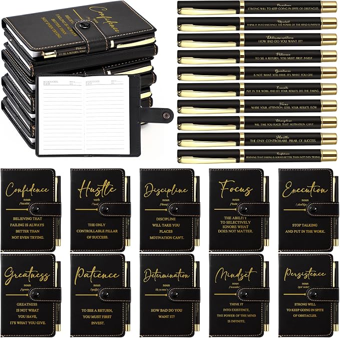 Tenceur 20 Sets Inspirational Gifts Bulk Leather Notebooks Pens with Growth Motivational Quotes for Employee Students Prizes Back to School Encouragement Appreciation Gifts (Black)