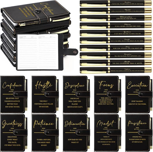 Tenceur 10 Sets Inspirational Gifts Bulk Leather Notebooks Pens with Growth Motivational Quotes for Employee Students Prizes Back to School Encouragement Appreciation Gifts (Black)