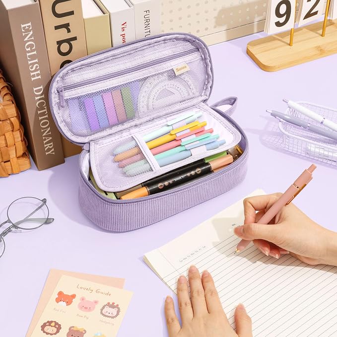 SUNEE Cute Pencil Case, Large Capacity Pencil Pouch, Soft Corduroy Pencil Bag, Big Storage Pen Organizer for Stationery, Aesthetic Zipper Pencil Box, Back to School Supplies for Teen Girls Boy, Purple
