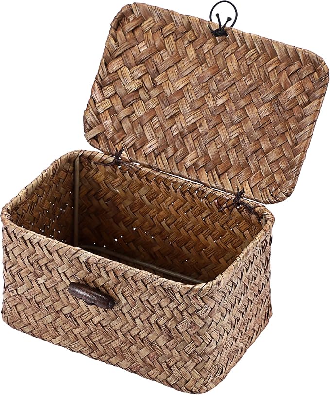 Handwoven Wicker Storage Basket Small Seagrass Box with Lid Multipurpose Table Organizer for Dental Floss Paper Clip Holder, 6.1" x 4" x 3.3"