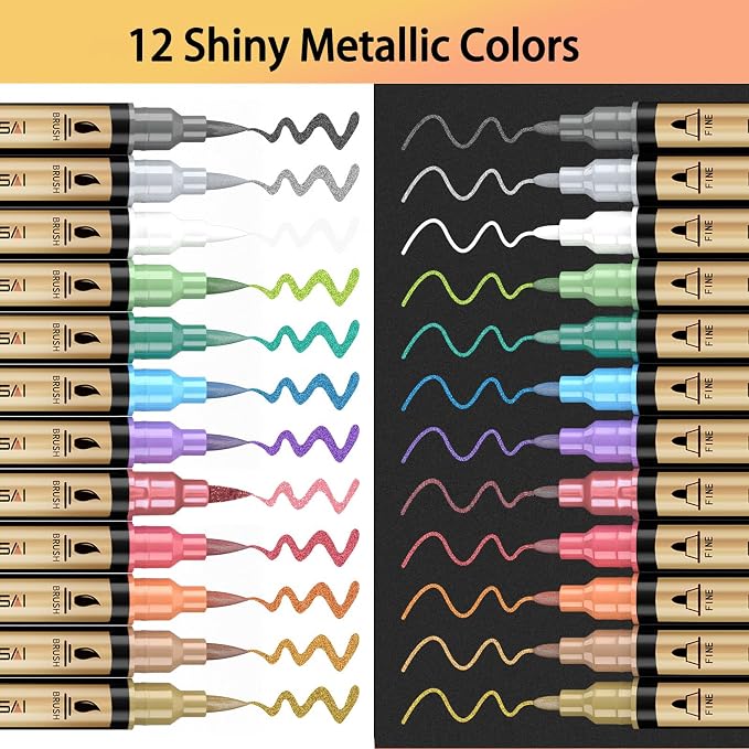 12 Colors Dual Tip Metallic Acrylic Paint Marker pens with Brush & Fine | Paint Marker for Black Paper, Scrapbooking, Photo Album, Rock, Wood, Card Making, DIY Arts & Crafts, Scrapbook Supplies
