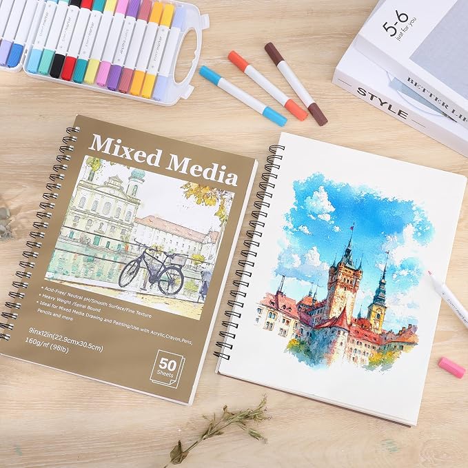 4 Pack Mixed Media Sketchbook, 9x12 inches Drawing Paper Sketch Book, 98lb/160gsm Heavyweight Spiral Bound Sketch Pads, Suitable for Arist, Drawing, Painting, Sketching(200 Sheets)