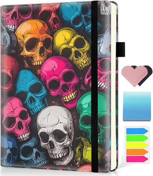Hardcover Executive Notebooks, A5 PU Leather Lined Journal Notebook, 200 Pages Thick Paper Subject Notebooks for School,Work,Home Writing Business Notebook, Diary Book ，Colored Skull