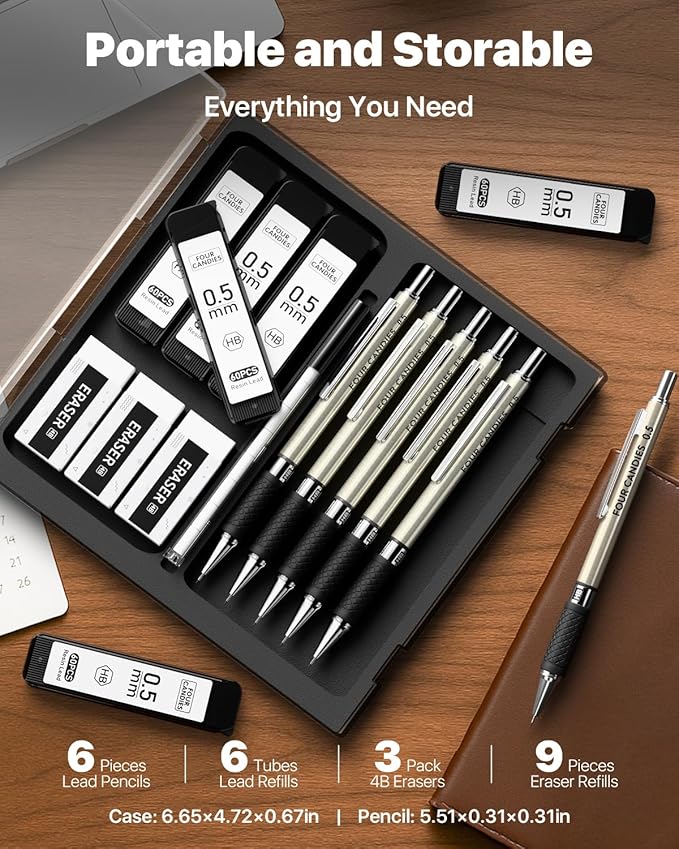 Metal Mechanical Pencil Set, 0.5mm Fine Point, 6-Pack with Storage Case | 360 Leads, 3 Erasers+9 Refills, Non-Slip Grips, For School Writing, Sketching, Art Drawing & Professional Drafting