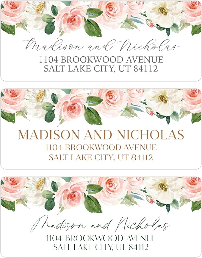 Return Address Labels Personalized with Your Choice of 30 Flower Styles - Choose Font and Font Color or Add Custom Text - Perfect for Wedding Envelopes (016 Pink and White Flowers)