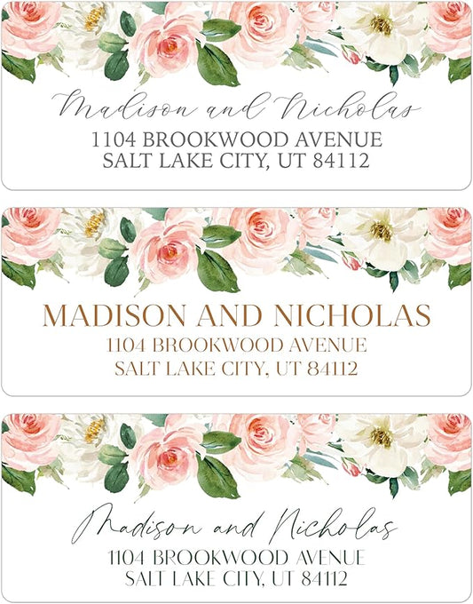 Return Address Labels Personalized with Your Choice of 30 Flower Styles - Choose Font and Font Color or Add Custom Text - Perfect for Wedding Envelopes (016 Pink and White Flowers)