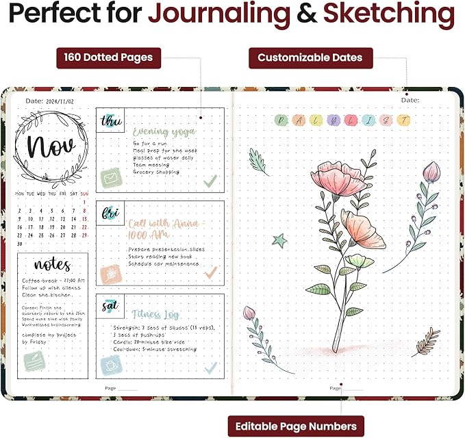 Dotted Journal Notebook for Women & Men, Hardcover Leather Journal for Writing, A5 Dotted Journaling Notebook for Work & Sketching, Perfect for Office School Home Supplies, 160 Pages, Retro Argyle