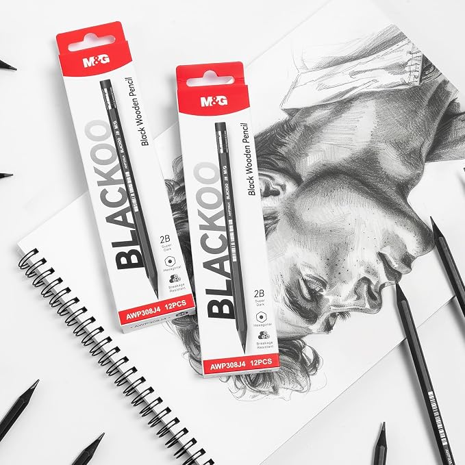 M&G BLACKOO Series 2B Wood-Cased Pencils, 24-Pack Pre-Sharpened with Top Erasers, Bulk Black Pencils for School, Teachers, Writing, Drawing and Sketching (Black)