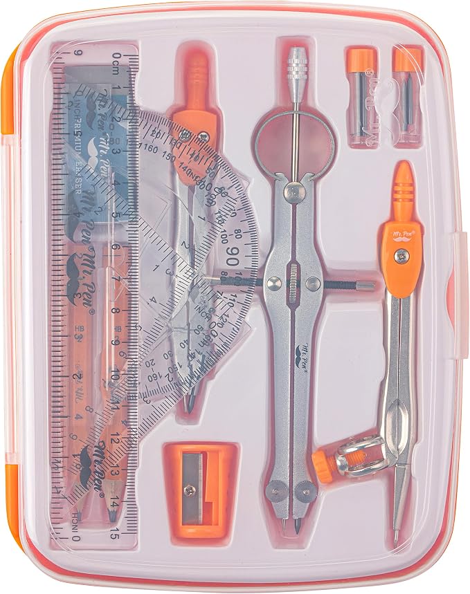 Mr. Pen- Geometry Set, 13 pcs, 3 Metal Compasses, Protractor, 6" Ruler | 45° & 30°/60° Set Squares, Pencils, Lead Refills, Sharpener & Eraser for Math, Drafting & Classroom Use | 45° & 30°/60° Set Squares, Pencils, Lead Refills, Sharpener & Eraser for ...