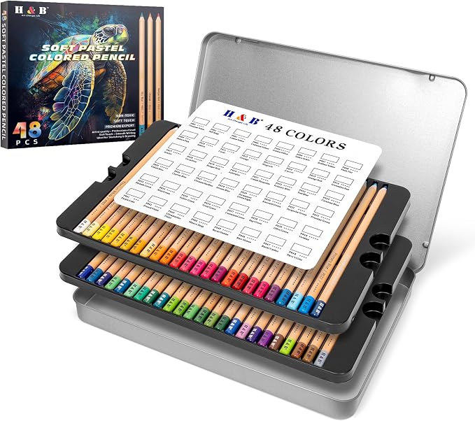 H & B 48 Soft Chalk Pastel Pencils for Artists & Adults | Pasteltint Pastel Colored Pencils, Vibrant Colors, Smooth Blendable Core, for Sketching & Coloring, in Durable Tin Case
