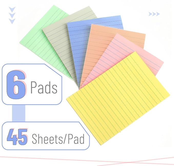 Mr. Pen- Lined Sticky Notes, 4" x 6", 6 Pads, 45 Sheets/Pad | Sticky Notes with Lines, Ruled Post Stickies, Memo Pads, Self-Stick Note Pad for Office, School, Home, Study