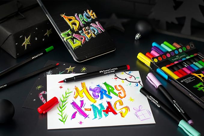 Faber-Castell Black Edition Felt Tip Pen with Soft Brush Nib, Markers for Adult Coloring Lettering Drawing, Artists Calligraphy Tool (Pack of 60)