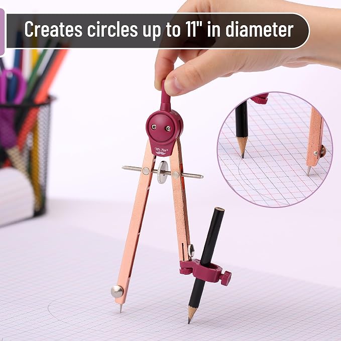 Mr. Pen- Metal Geometry Compass, Center-Wheel Design | Precision Drafting Compass with Pencil for School & Technical Drawing, Draws Circles up to 11 Inches Diameter