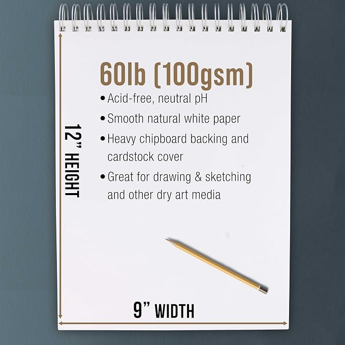 U.S. Art Supply 9"x12" Top Spiral Bound Sketch Book, 2 Pack, 100 Sheets Each, 60lb (100gsm), Acid-Free, Artist Sketchbook, Drawing Pad for Adults & Students