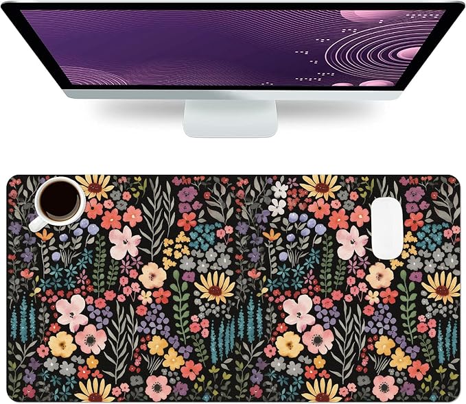 Flower Large Mouse Pad, Floral Desk Matt for Desktop, PU Leather Waterproof Desk Pad, Computer PC Laptop Protector Gaming Mouse Pads for Women Office Decor (27.5" x 13.8")