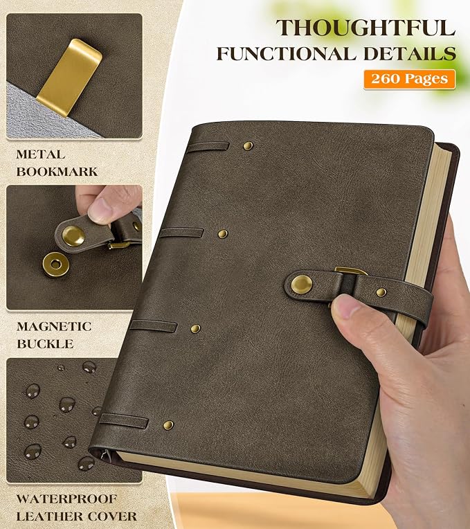Leather Journal Notebook, A6 Size 5.3 x 7 inches 260 Pages Refillable Vintage Travel Notebook with Gift Box, 100 GSM Thick Lined Paper Journal Writing Diary Note Taking for Men and Women – Dark Brown
