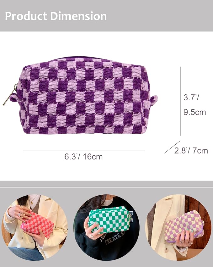 Checkered Makeup Bag for Purse, Small Travel Cosmetic Pouch,Lavender | Cute Zipper Makeup Organizer for Women, Travel Essentials, Toiletries, Makeup Brushes, Beauty Accessories&Bridesmaid Gifts