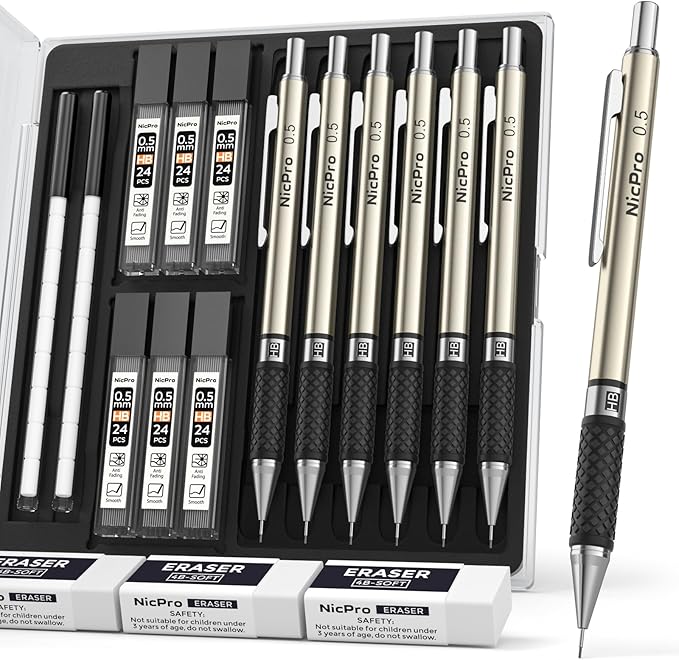 Nicpro 0.5 mm Art Mechanical Pencils Set in Case, 6 PCS | Metal Drafting Pencil Lead Pencil 0.5 + 6 Tube HB Refill, Erasers, Comfort Grip For School Writing, Artist Drawing Sketching