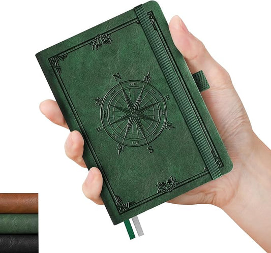 AHGXG Small Blank Pocket Notebook, 256 Numbered Pages, B6 (4.1'' X 5.7'') | Mini Journal, Vintage Soft Leather Hardcover, 80gsm Paper, for Men Women Work Office School (Dark green)