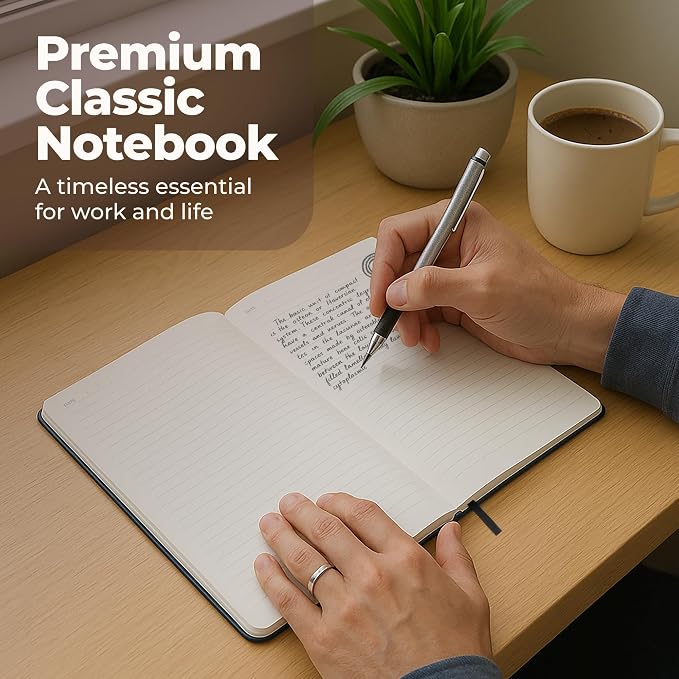 Lined Leather Bound Journal Notebook, A5 Hardcover Thick 300 Pages Black | 5.8x8.3" College Ruled Paper Journals for Men and Women - Personal and Professional Note Book for Writing & Journaling