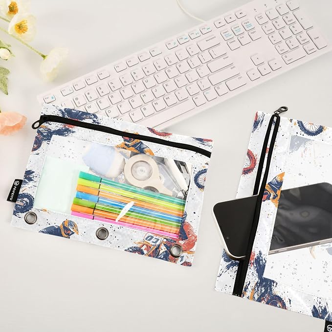 Wamika Motorcycle White Binder Pouches 3 Ring for Boys Girls School Office College Supplies Motocross Sports Grunge Pattern Pencil Pouches Case Bag with Clear Window and Zipper 2 pack