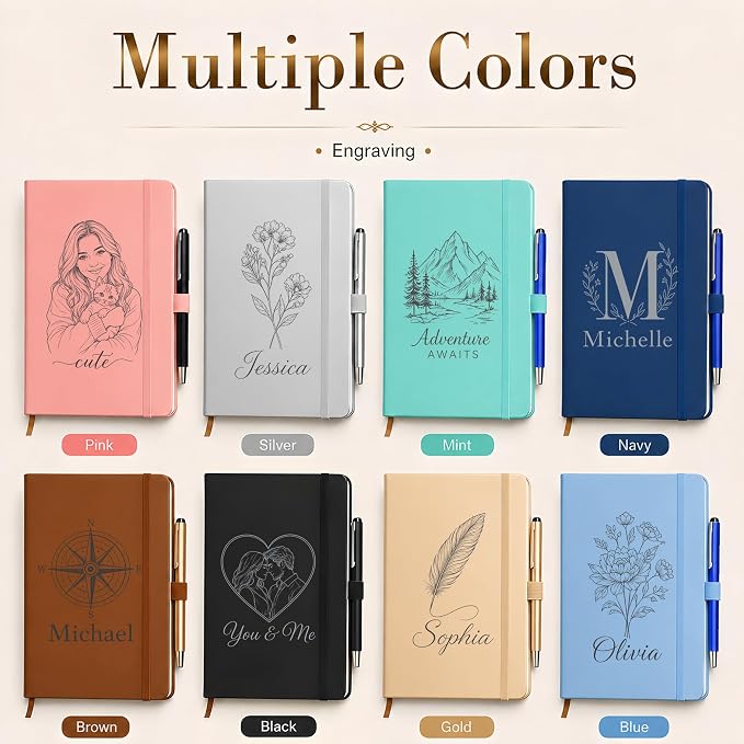 Personalized Notebook and Pen Set | A5, 200 Pages, Lined, Custom Engraved, Leather Journal Diary Business Gifts