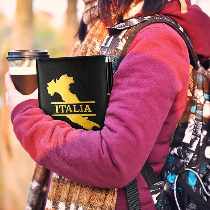 Thenshop 3Pcs Italy Souvenir Gift Set A5 Lined Leather Journal with Gold Embossed Map of Italy Notebook and Black Pen for Work, Business, School or Home Writing, Travel Planner, Gift Box Included