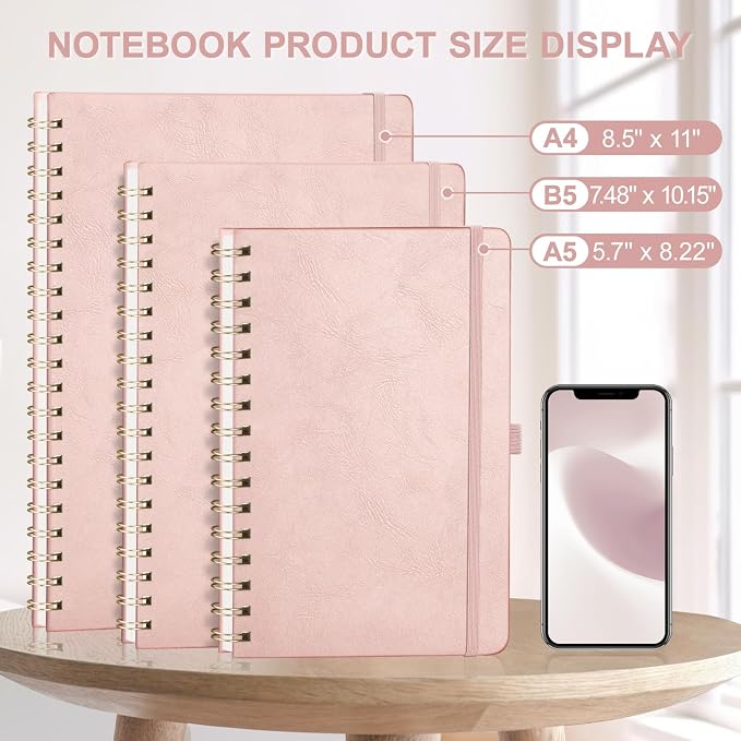 AHGXG Lined Spiral Journal Notebook, 110 Pages, A4 (8.5" x 11") | Journals for Women, Hardcover Leather Notebook College Ruled, 100 GSM Paper, for Work School Note Taking (Rose gold)