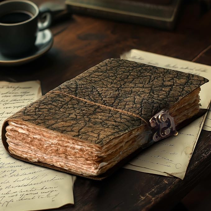 LEATHER VILLAGE Leather Bound Vintage Journal for Women & Men - Book of Shadows - Lock Closure - 200 Pages of Antique Deckle Edges Handmade Watercolor Paper - Distressed Brown - 10X7 inches