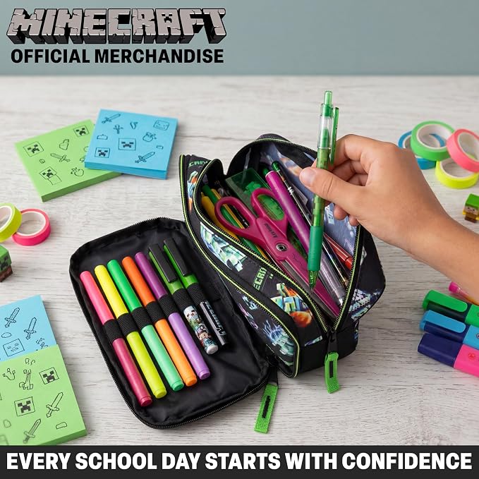 Get Trend Minecraft Pencil Case for Boys, Pencil Pouch with 2 Zipped Compartments, Back-to-School Marker & Pen Case, Organizer for School Supplies, Stationery, Gamer Gifts (Black/Multi Minecraft)