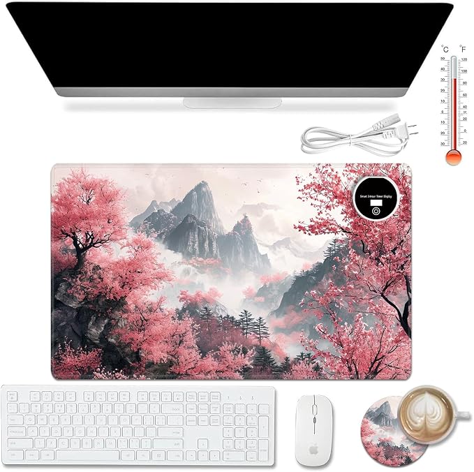 Heated Desk Pad Mouse Pad,Heated Desk Mat,with 3 Heating Levels & 3 Hours Auto Shut-Off,Leather 23.6"*14.2" Gaming Mouse Laptop Mat,Foot Warmer,Watercolor Tree Mountain