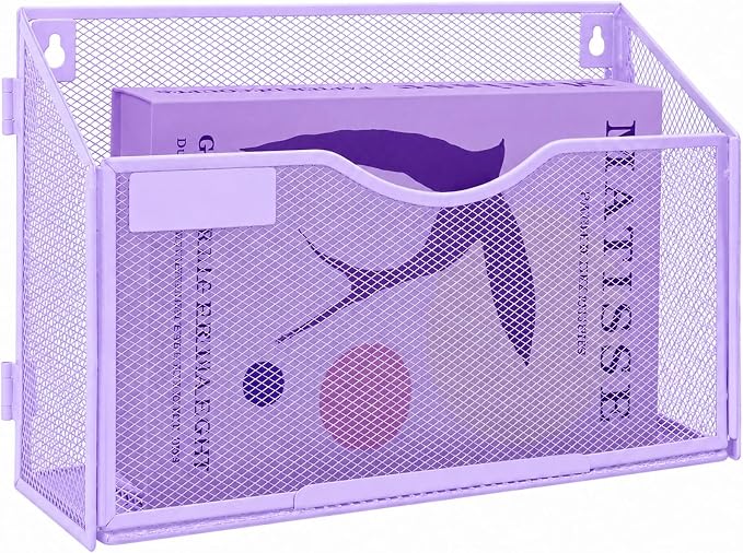 1 Pocket Mesh Wall File Holder Organizer Office Hanging File Folder Magazine Rack, Nametag Label Hooks Set Included (Purple)