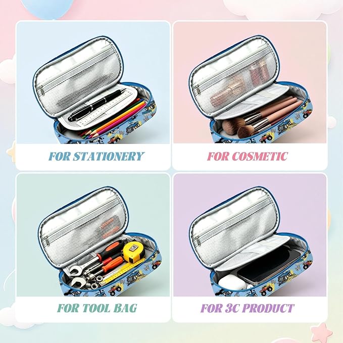 Monster Truck Pencil Case for Boys, Large Capacity Kids Car Pencil Box with Zipper Compartments, Portable Pen Pouch Bag for Office School Travel