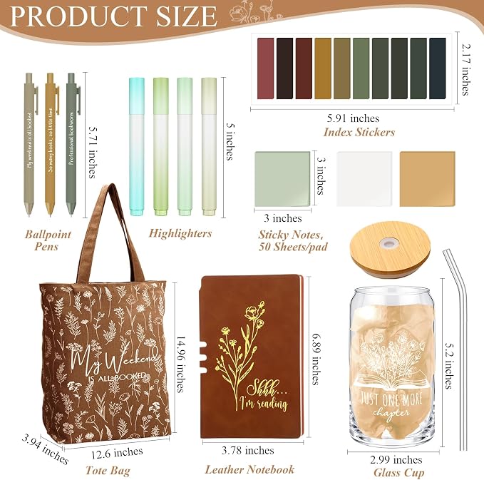 Havawish 14 Pcs Book Lovers Gift for Women 16 oz Glass Cup Tote Bag A6 Journal Notebook Pens Highlighters Sticky Notes Back to School Teacher Librarian Bookish Book Club(Brown,Aesthetic)