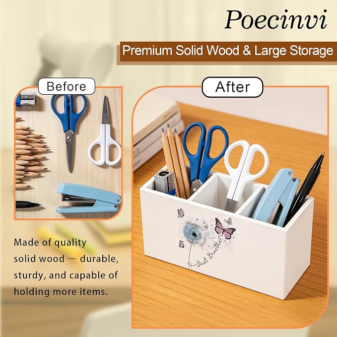 Just Breathe Mental Health Pen Holder for Home Office Desk, Therapy Office Decor, Blue Dandelion Butterfly Inspirational Wooden Box Sign Pencil Holder for Desk Shelf Organizer