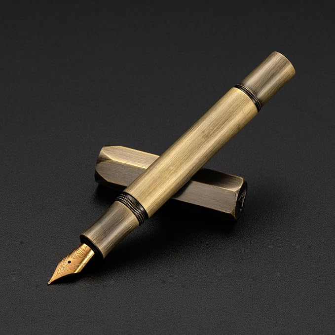 Luxury Solid Brass Fountain Pen Set for Writing & Calligraphy - Choose Antique or Matte Black Finish. Includes 10 Ink Cartridges & Premium Gift Box (Extra Fine Nib, Antique Brass)
