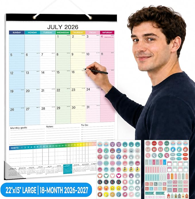 Large Wall Calendar 2026-2027, 18-Month Wall Calendar from July 2026 to December 2027, 15" x 22" 2026 Wall Calendar with Spacious Blocks, Julian Dates, Habit Tracker & Full-Year Reference for Home Office School Colorful