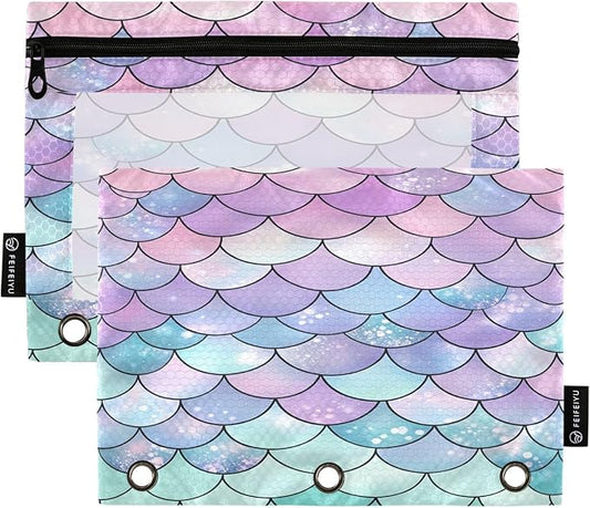 Gredecor Binder Pencil Pouch 3 Ring Pastel Mermaid Scales Zipper Pencil Pouches Case 2 Pack Clear Binder Organizer for School Office