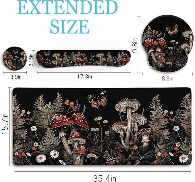 LIMKRIAN Mushroom Mouse Pad Set Large Desk Matt for Desktop Decor | Ergonomic Mouse Pad Wrist Rest, Gaming Computer Mat Keyboard Wrist Support, Coaster, Home Office Desk Accessories Supplies
