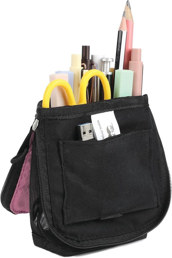 Mr. Pen- Standing Pencil Case Pouch, Sit & Lay Mesh-View Design | Black & Pink, Interior Pocket & 2 Elastic Binder Loops, Cute Pencil Case for Girls and Boys