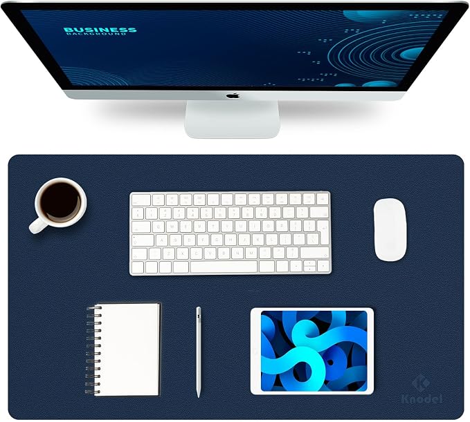 K KNODEL Small Office Desk Mat, Leather Mouse Pad (23.6"x13.8", Dark Blue) | Desk Pad, Keyboard Pad, Computer and Laptop Mat, Desktop Protector and Cover, Writing Pad and Blotter for Home Office