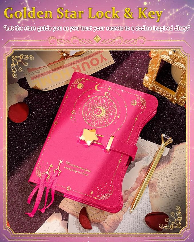 Hoci Poci Diary with Lock and Keys for Girls Gift Ideas, 360 Pages Journal | Elegant Gift Box for Teen Girls, B6 Kraft Pages Refillable Notebook with Pen and Bookmark for Writing, Astro Hot Pink
